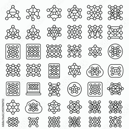 A set of 42 neural network icons in black and white vector style, isolated on white background, showing different structures of artificial neural networks.