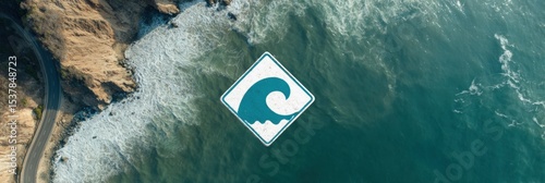 Coastal Road Tsunami Alert Sign with Stylized Wave Graphic Overlooking Scenic Ocean Landscape - Travel Safety and Environmental Risk Awareness Concept