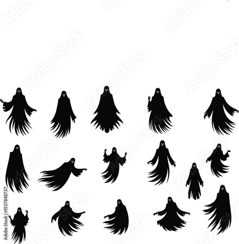 pooky Silhouettes: Ghostly Figures with Long Hair and Chains for Halloween Decorations