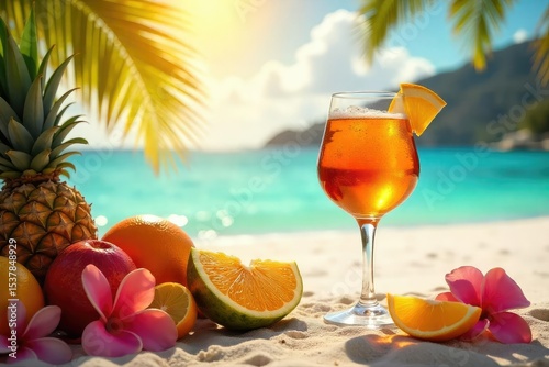 Sun-drenched beach scene with a glass of amber rum, tropical fruits, and vibrant flowers Perfect for summer cocktails, vacation, and tropical vibes , hibiscus, tropical vacation, leaves