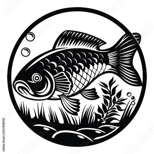 silhouette fish seabass on white background, vector illustration