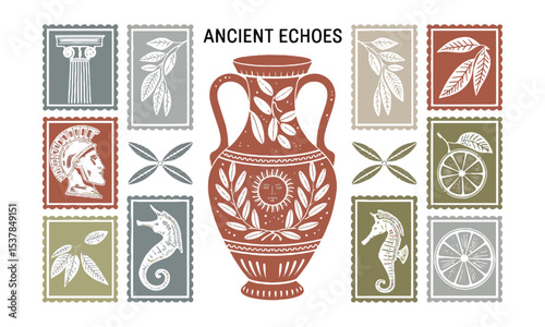 Vector illustration inspired by Mediterranean and Greco-Roman motifs, decorative frame—rectangular, oval, circular, or arch-shaped—with slight imperfections for a hand-printed, easily editable.