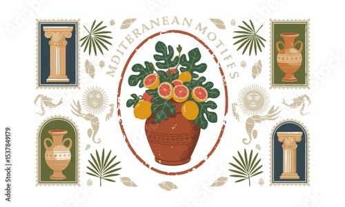 Vector illustration inspired by Mediterranean and Greco-Roman motifs, decorative frame—rectangular, oval, circular, or arch-shaped—with slight imperfections for a hand-printed, easily editable.