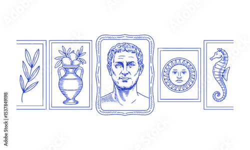 Vector illustration inspired by Mediterranean and Greco-Roman motifs, decorative frame—rectangular, oval, circular, or arch-shaped—with slight imperfections for a hand-printed, easily editable.