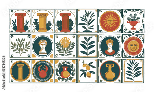 Vector illustration inspired by Mediterranean and Greco-Roman motifs, decorative frame—rectangular, oval, circular, or arch-shaped—with slight imperfections for a hand-printed, easily editable.