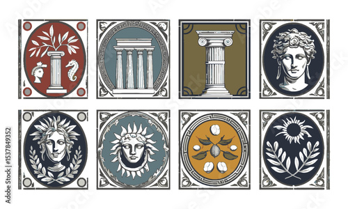 Vector illustration inspired by Mediterranean and Greco-Roman motifs, decorative frame—rectangular, oval, circular, or arch-shaped—with slight imperfections for a hand-printed, easily editable.