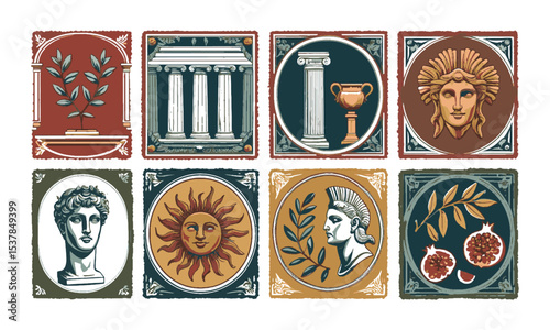 Vector illustration inspired by Mediterranean and Greco-Roman motifs, decorative frame—rectangular, oval, circular, or arch-shaped—with slight imperfections for a hand-printed, easily editable.