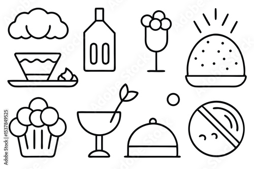 Collection of simple black and white icons depicting various foods and beverages for restaurant or culinary designs