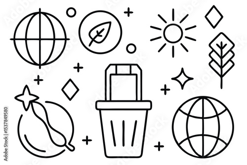 Illustrated collection of ecological icons depicting sustainability concepts and environmental awareness symbols for design projects.