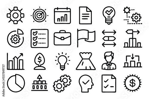 Collection of business and financial icons representing strategy planning and success in a minimalist black and white style