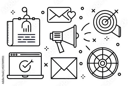 Set of business and marketing icons representing goals planning communication and online strategies in outlined style