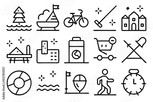 Collection of black line icons representing various activities objects and elements for conceptual design and user interface