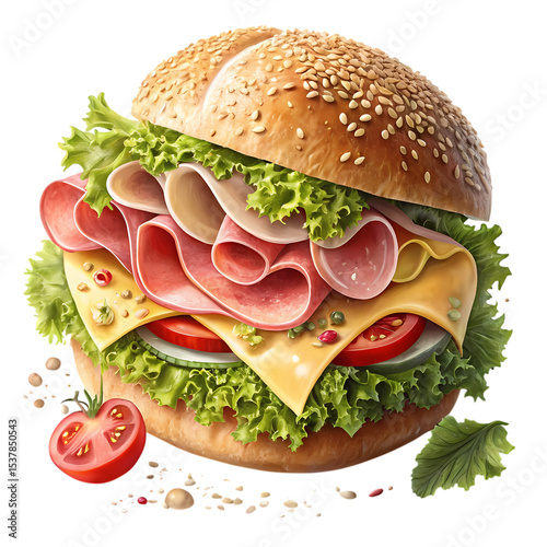 Delicious Deli Sandwich: Layers of Meat, Cheese, and Fresh Vegetables