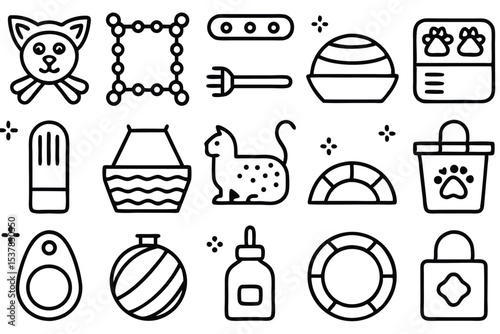 Collection of vector icons featuring various pet supplies and cat accessories outlined in a simple minimalist style