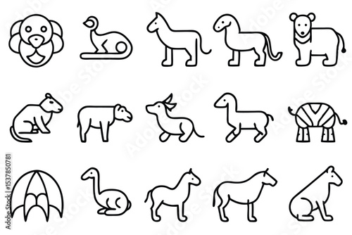 A collection of minimalist vector line art illustrations featuring assorted animals and various geometric shapes