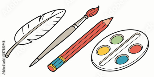 A vector set of essential art tools, showcased on white isolated background.