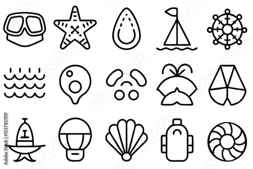 A collection of nautical and summer themed outlined icons for design and decorative elements