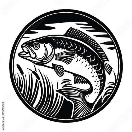 Set of salmon silhouette in line art style.Fish vector by hand drawing.Fish tattoo on white background.Black and white fish vector on white background.Salmon fish sketch for coloring book.