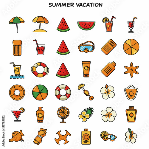 Summer vacation themed icon set. A collection of icons representing summer essentials and vacation elements. 