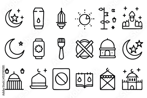 A collection of simple black and white vector icons illustrating islamic symbols and ramadan festive elements