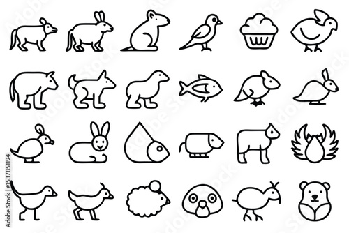 Set of twenty two cute and simple black outline icons representing a variety of animals and food items