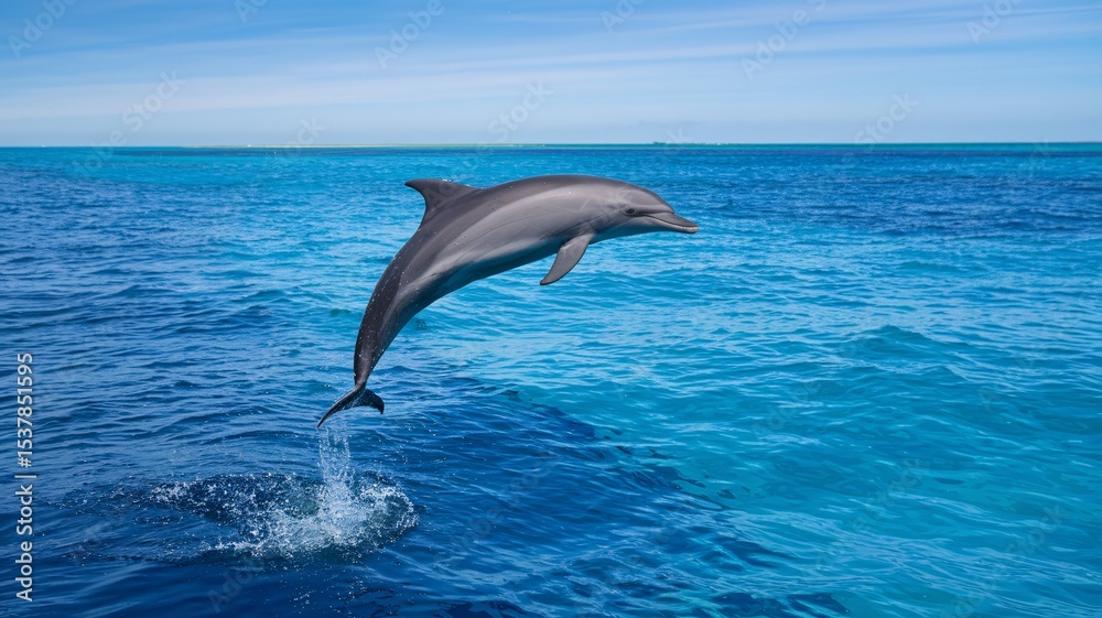 Fototapeta premium A playful dolphin leaps gracefully above the vibrant blue ocean waters.