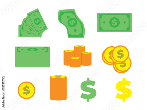 Money Icon Pack – Flat Vector Illustration of Dollar Bills & Coins in Various Styles