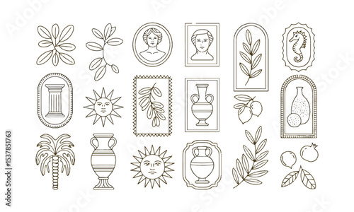 Vector illustration inspired by Mediterranean and Greco-Roman motifs, decorative frame—rectangular, oval, circular, or arch-shaped—with slight imperfections for a hand-printed, easily editable.