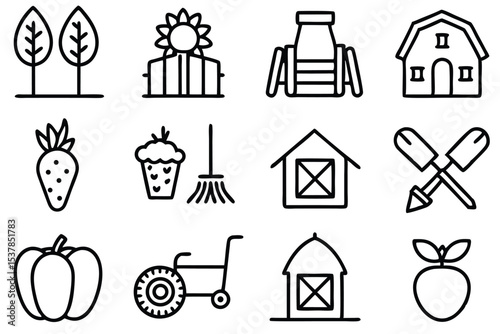 Collection of minimalist farm themed icons representing agricultural elements and harvest produce in modern outline style