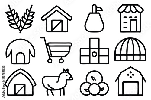 Collection of farm icons featuring barns crops cart sheep apples and various other farming related symbols
