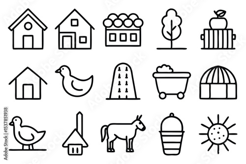 Collection of simple hand drawn farm icons depicting houses animals and other agriculture elements