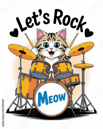 Cat Playing Drums Let's Rock
