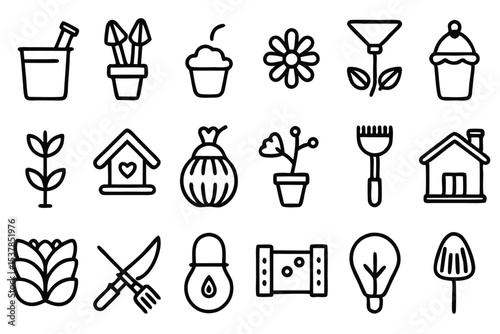 Collection of minimalist line art garden and plant icons for nature and outdoor related design concepts
