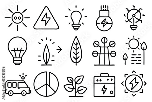 Collection of simple black and white icons representing concepts like renewable energy and eco-friendly initiatives