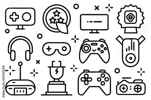 A collection of black and white outline vector illustrations depicting gaming equipment and accessories for entertainment