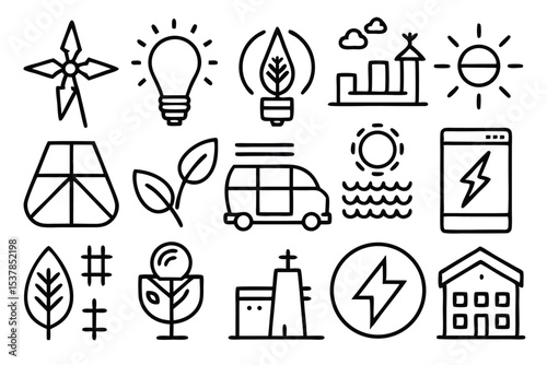 Collection of outlined renewable energy icons depicting sustainable development and green technologies.