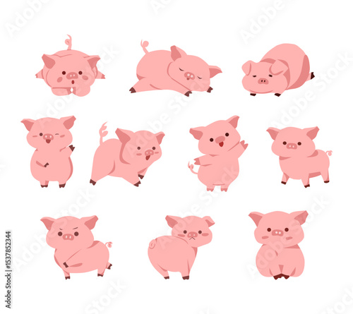 A cute cartoon pig illustration set featuring the pig in various playful and expressive poses. Perfect for children designs, educational materials, farm themed projects, and character collections.