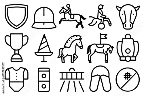 A collection of equestrian themed icons depicting horse riding and competition in simple black and white style