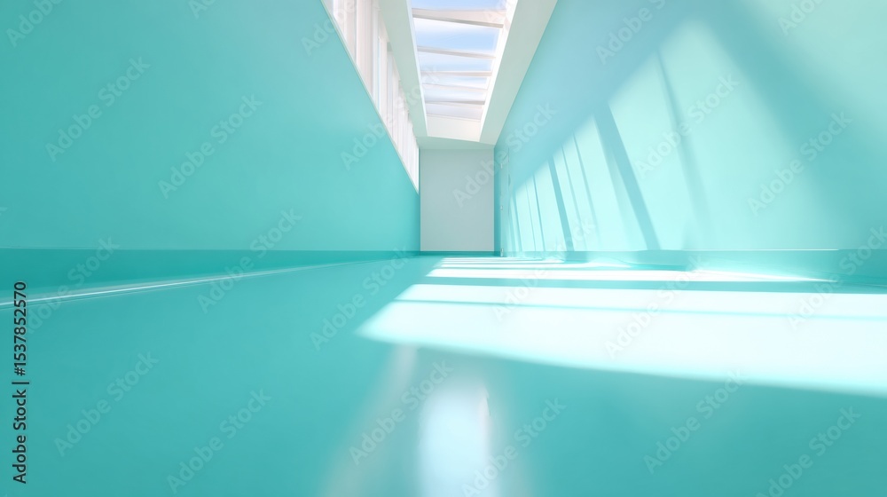 Obraz premium Bright teal health clinic floor with smooth vinyl and vibrant sunlight beams creating optimistic, modern healthcare architecture and design trend