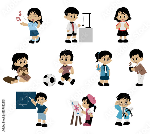 A collection of illustrations featuring students engaged in various school subject activities. Perfect for educational materials, classroom visuals, and academic themed designs.