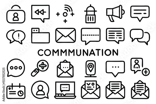 A comprehensive set of hand drawn line art communication icons illustrating various ways of contacting and interacting