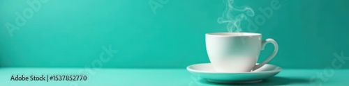 Steaming coffee in white mug, vibrant teal backdrop , top view, drink, caffeinated