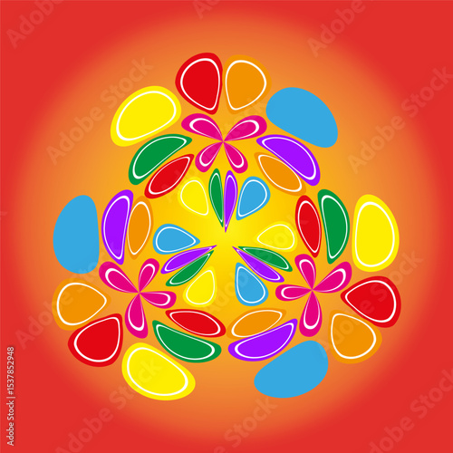 Colorful radial circle. Bright abstract vector. Red background symmetry. Multicolor motion shape.