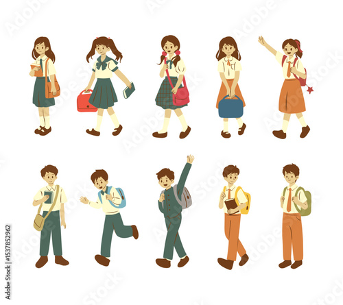 A soft colored illustration set featuring students in school uniforms carrying bags on their way to school. Perfect for educational materials, school themed content, and back to school designs.