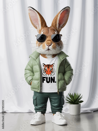 Cool Rabbit in Green Jacket and Sunglasses