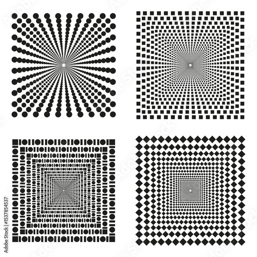 Radial square patterns. Central perspective layout. Abstract dotted design. Vector optical forms.