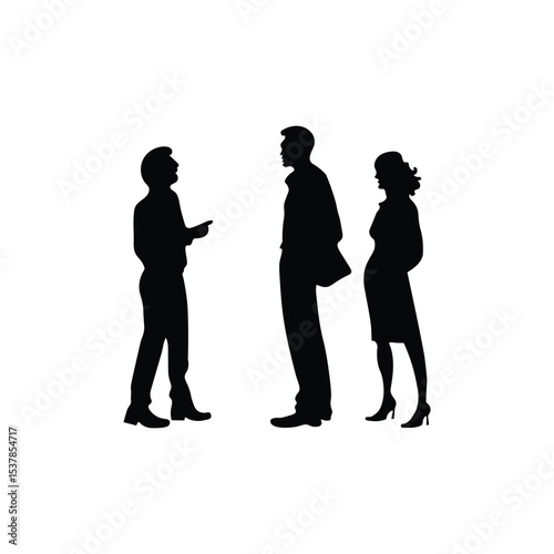 Corporate Business Team Silhouettes Featuring Woman and Two Men Collaborating in Office Strategy Session Vector Illustration