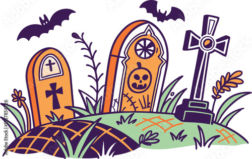 Graveyard Scene with Tombstones Halloween Art. Haunted Cemetery Illustration with Tombstones. Spooky Graveyard Night Scene for Halloween. Tombstone Landscape Illustration for Scary Design