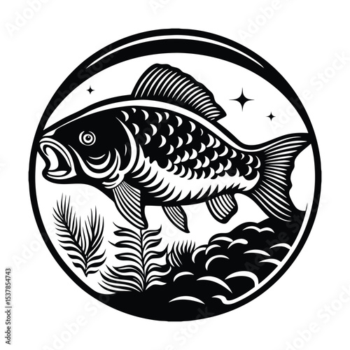 Black and white large mouth bass fish silheoute vector design