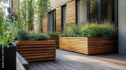 Modern outdoor space with wooden planters and slatted wood detail, with lots of greenery